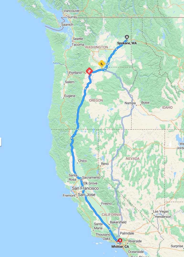 driving from Spokane, Washington to WhittierCalifornia - map and route