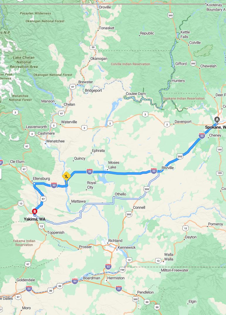 driving from Spokane, Washington to YakimaWashington - map and route