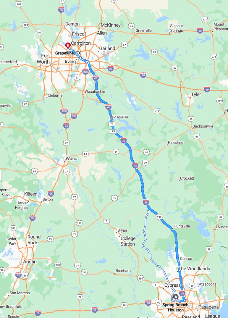 driving from Spring Branch, Texas to GrapevineTexas - map and route