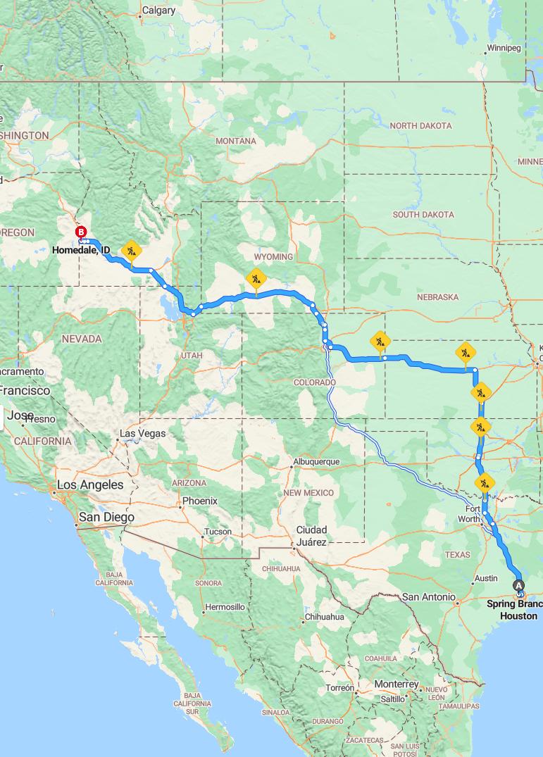 driving from Spring Branch, Texas to HomedaleIdaho - map and route