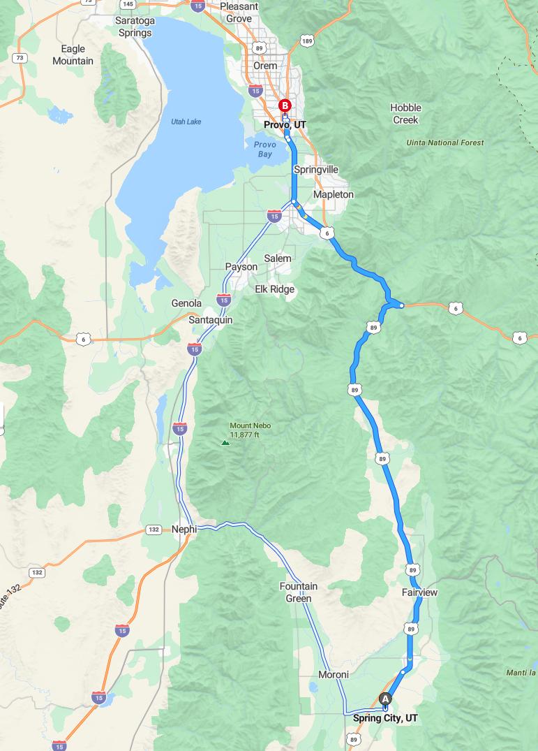 driving from Spring City, Utah to ProvoUtah - map and route