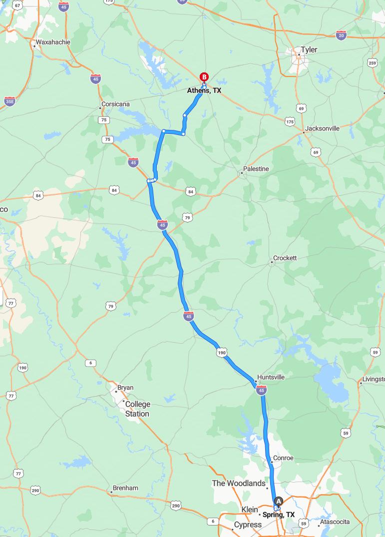 driving from Spring, Texas to AthensTexas - map and route