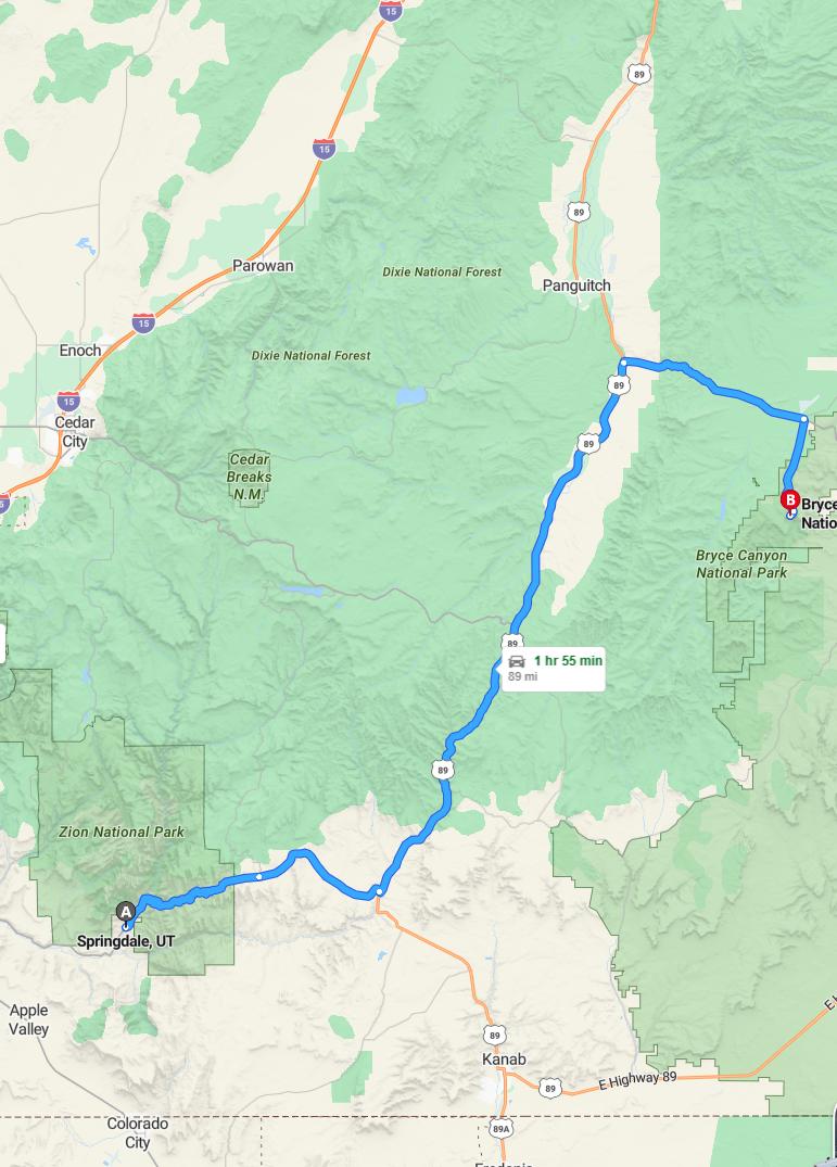 driving from Springdale, Utah to Bryce CanyonUtah - map and route