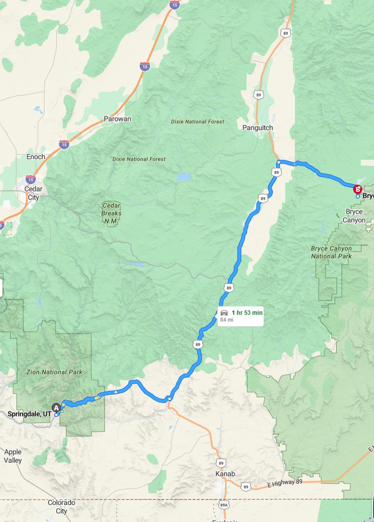 driving from Springdale, Utah to BryceUtah - map and route