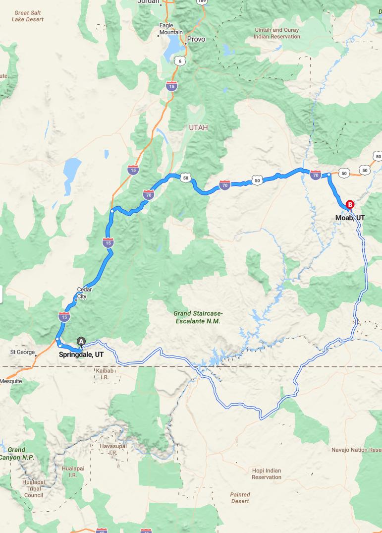 driving from Springdale, Utah to MoabUtah - map and route