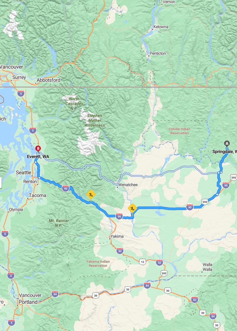driving from Springdale, Washington to EverettWashington - map and route