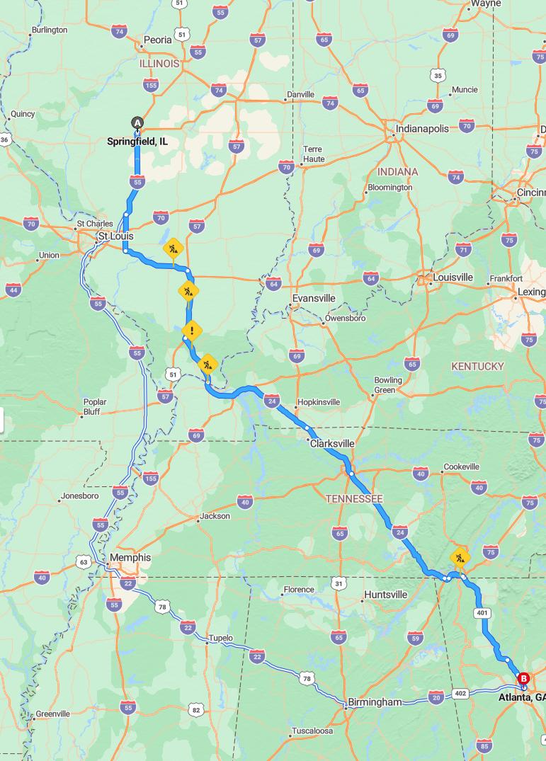 driving from Springfield, Illinois to AtlantaGeorgia - map and route