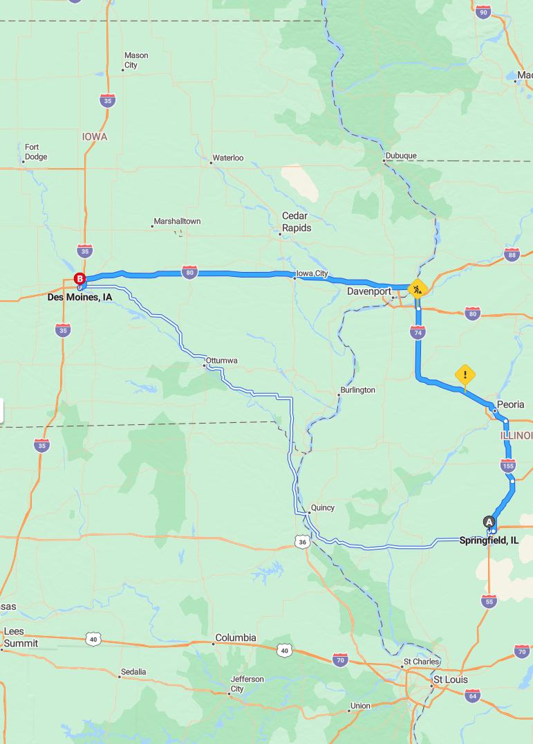 driving from Springfield, Illinois to Des MoinesIowa - map and route