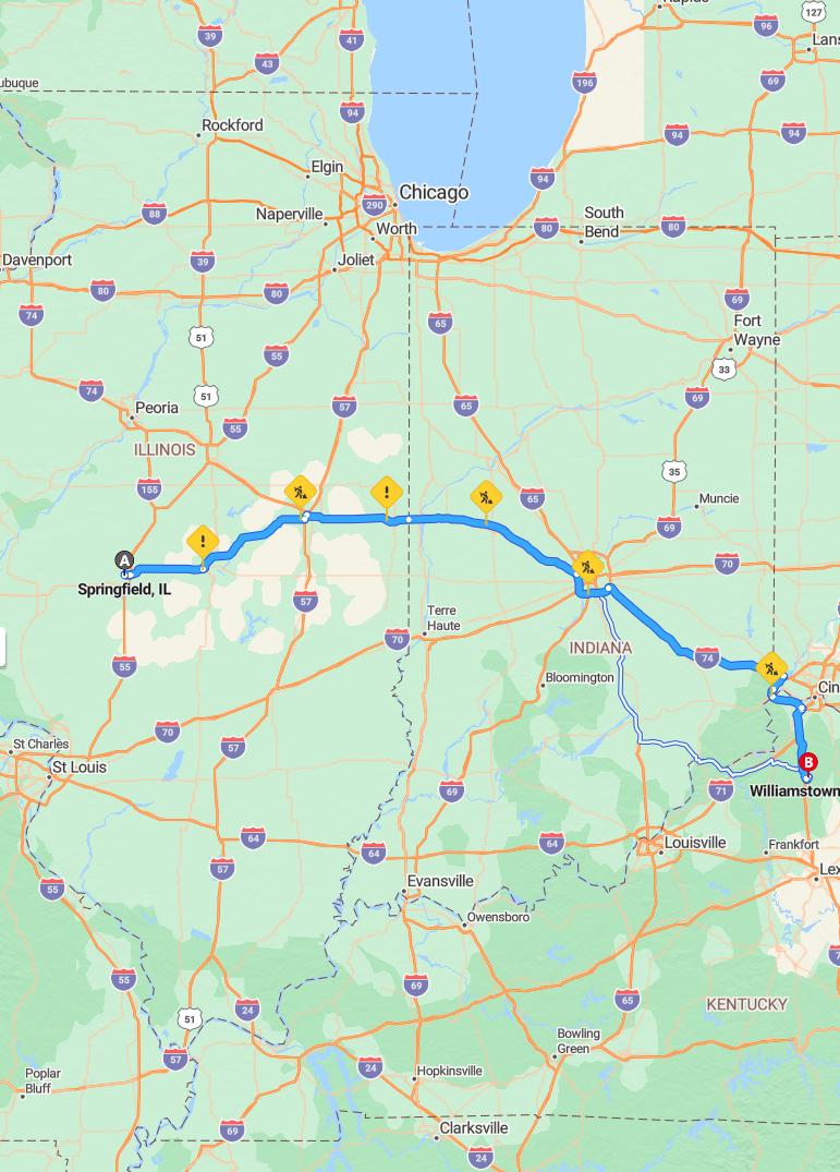 driving from Springfield, Illinois to WilliamstonKentucky - map and route