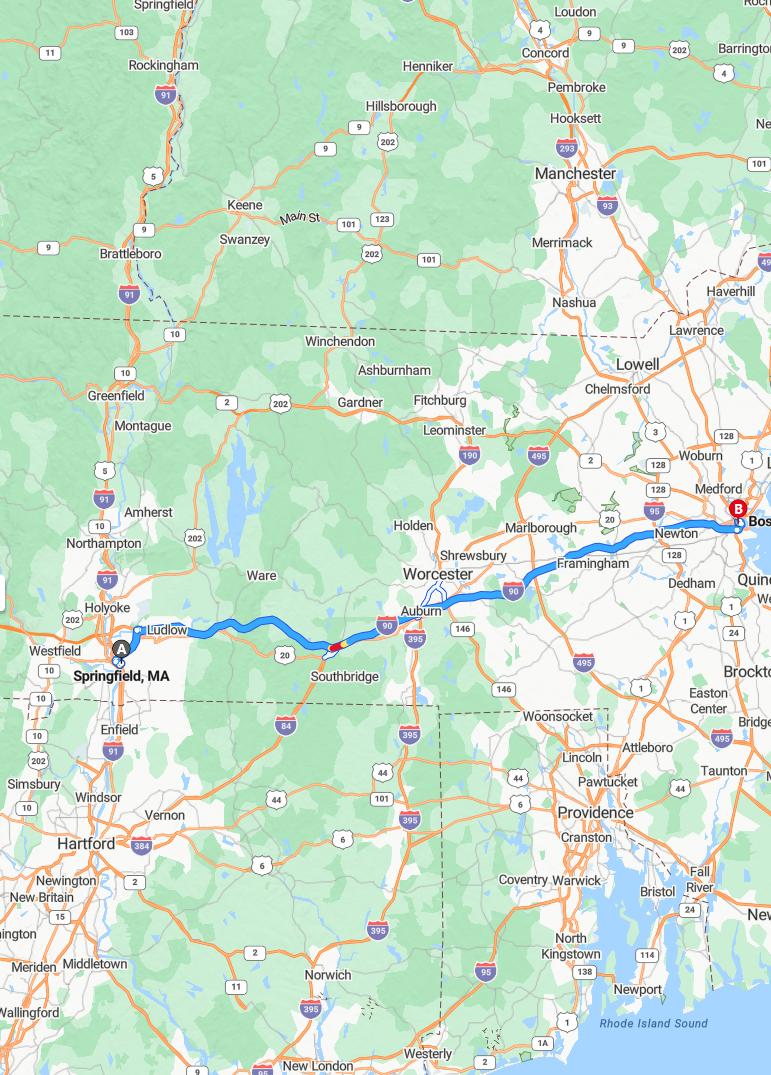 driving from Springfield, Massachusetts to BostonMassachusetts - map and route