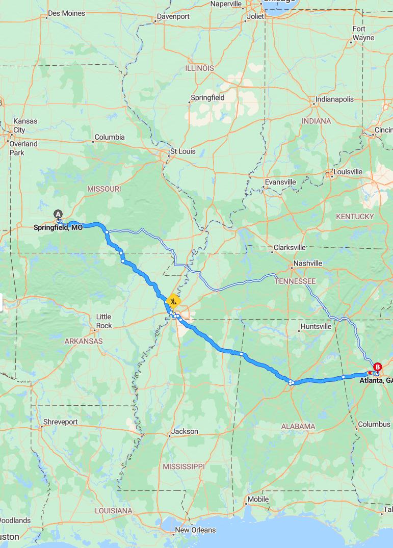 driving from Springfield, Missouri to AtlantaGeorgia - map and route