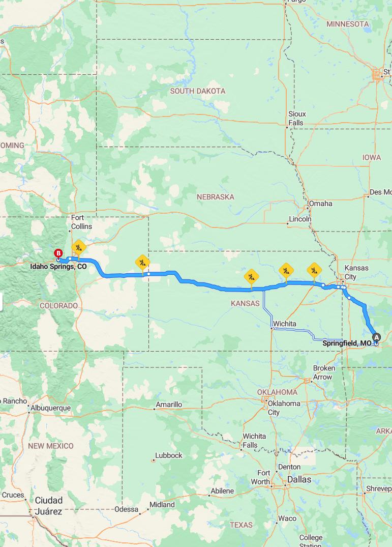 driving from Springfield, Missouri to Idaho SpringsColorado - map and route