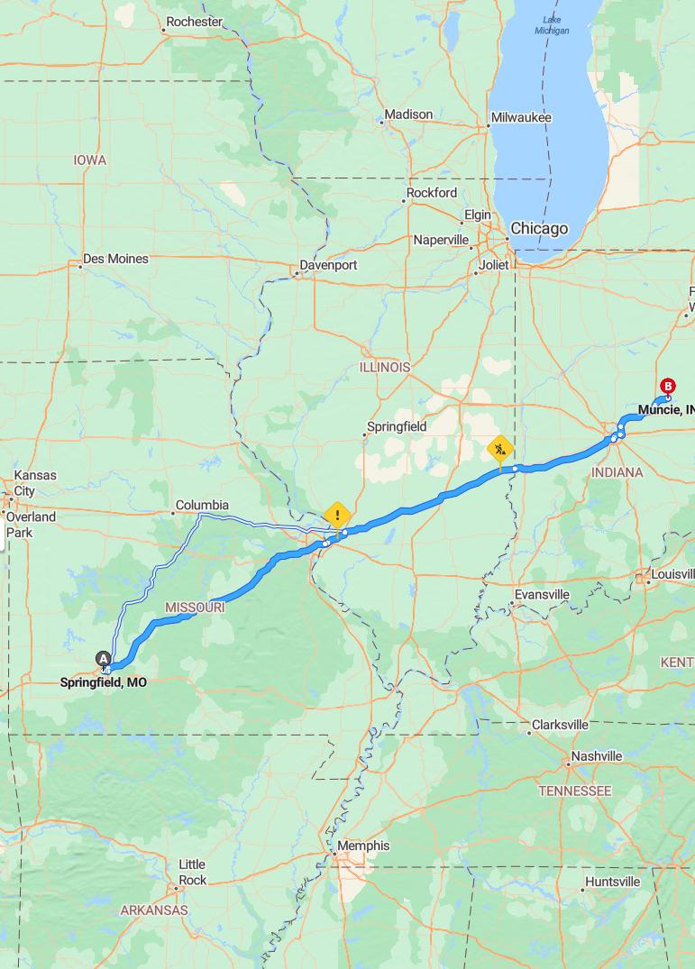 driving from Springfield, Missouri to MuncieIndiana - map and route