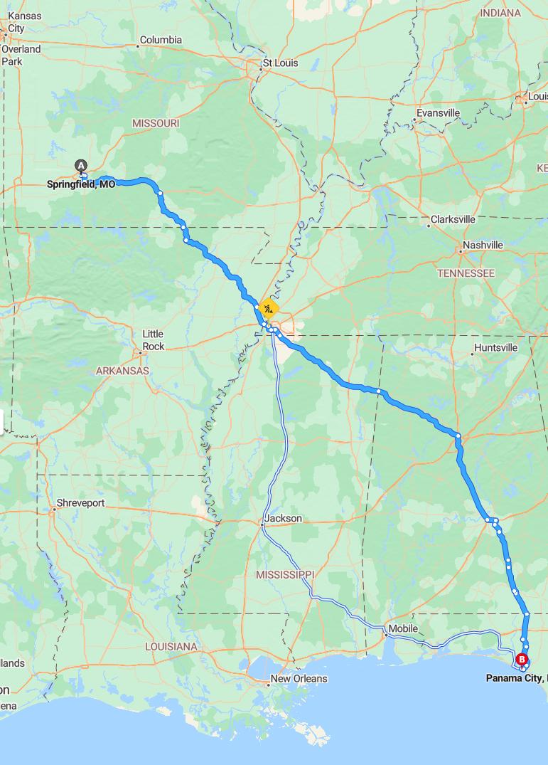 driving from Springfield, Missouri to Panama CityFlorida - map and route