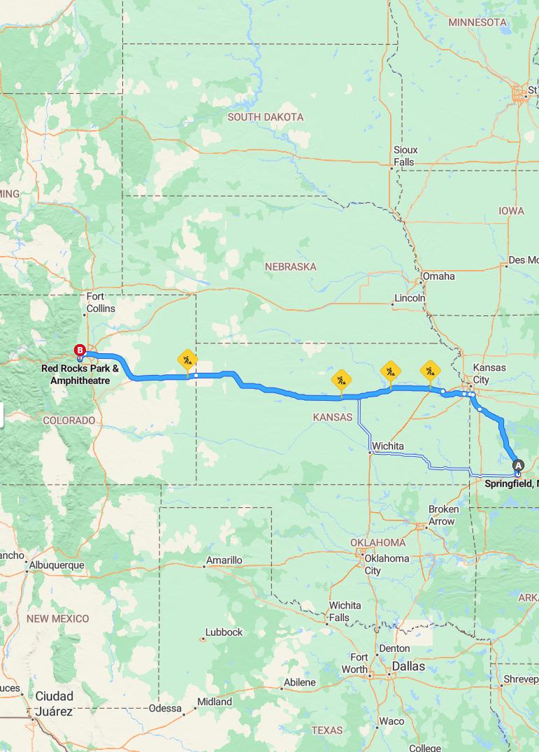driving from Springfield, Missouri to Red RocksColorado - map and route
