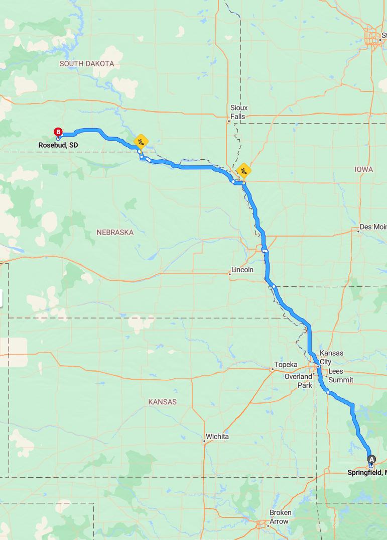 driving from Springfield, Missouri to RosebudSouth Dakota - map and route
