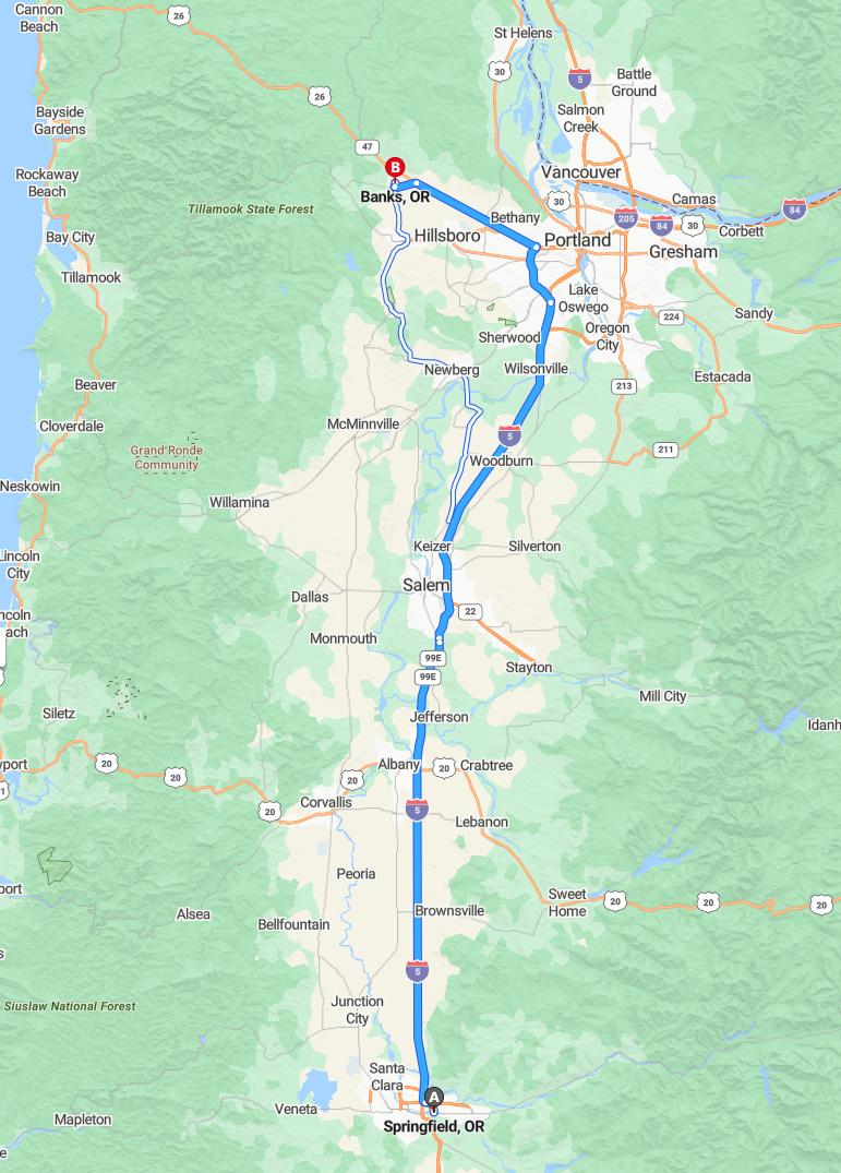 driving from Springfield, Oregon to BanksOregon - map and route