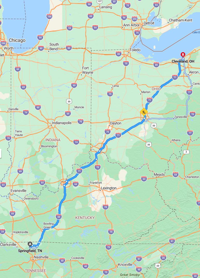 driving from Springfield, Tennessee to ClevelandOhio - map and route