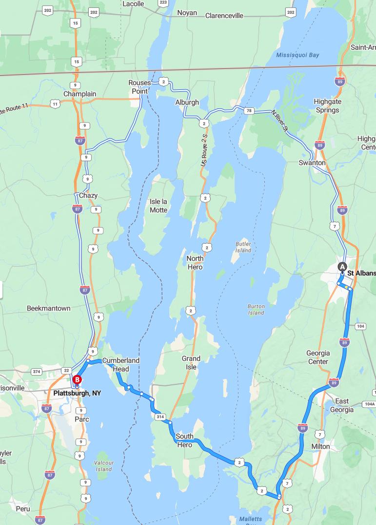 driving from St. Albans, Vermont to PlattsburghNew York - map and route