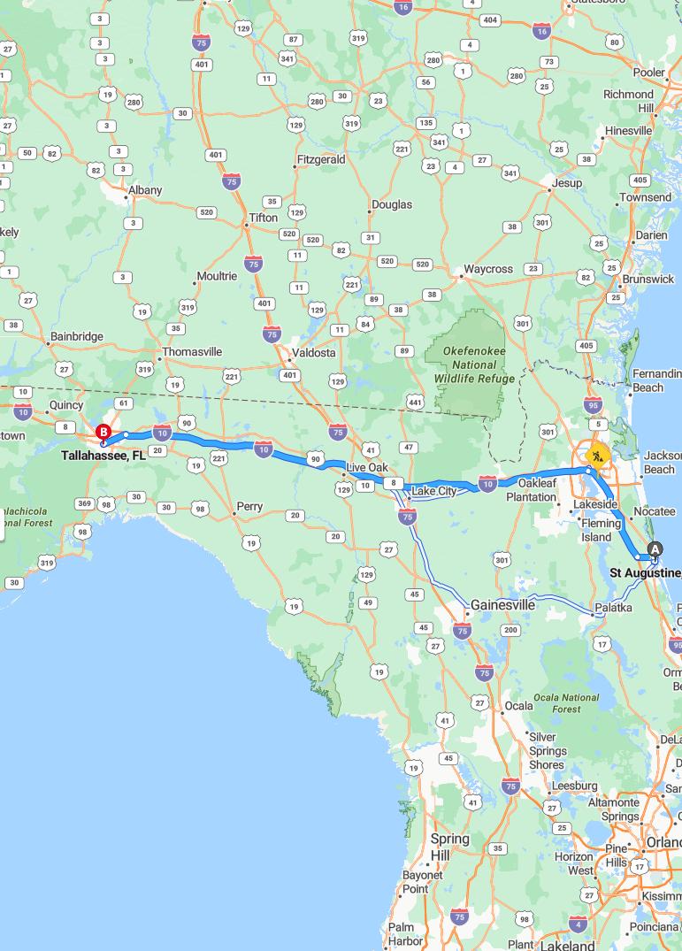 driving from St. Augustine, Florida to TallahasseeFlorida - map and route