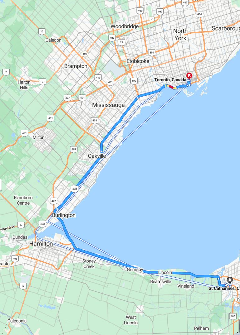 driving from St. Catharines, Ontario to TorontoOntario - map and route