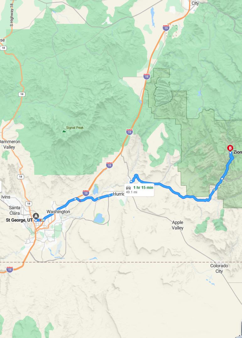 driving from St. George, Utah to ZionUtah - map and route