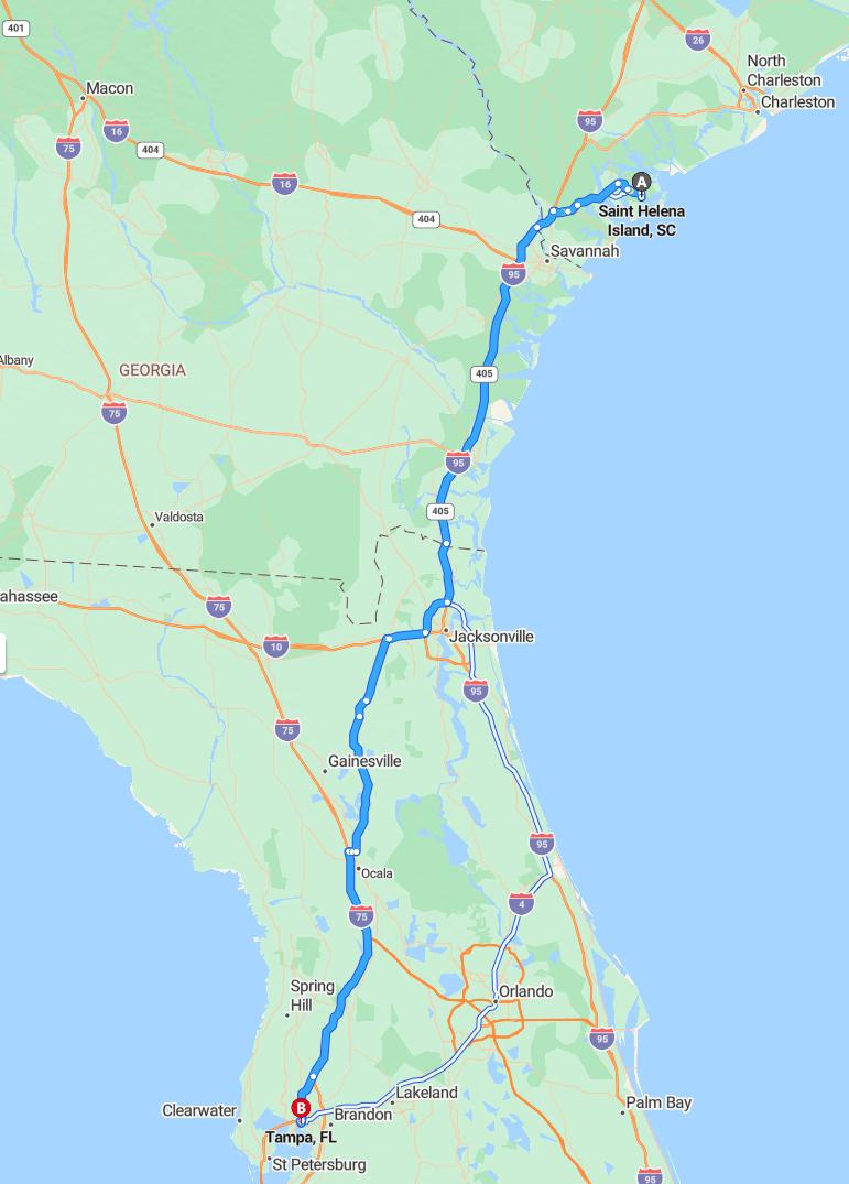 driving from St. Helena, South Carolina to TampaFlorida - map and route