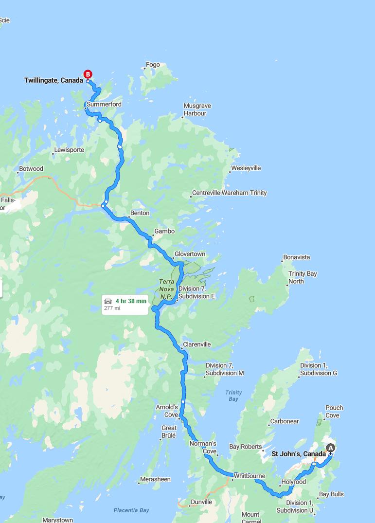 driving from St John's, Newfoundland and Labrador to TwillingateNewfoundland and Labrador - map and route