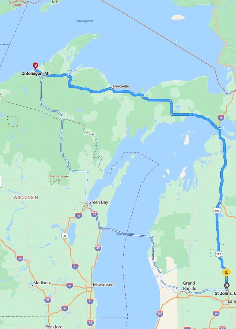 driving from St. Johns, Michigan to OntonagonMichigan - map and route