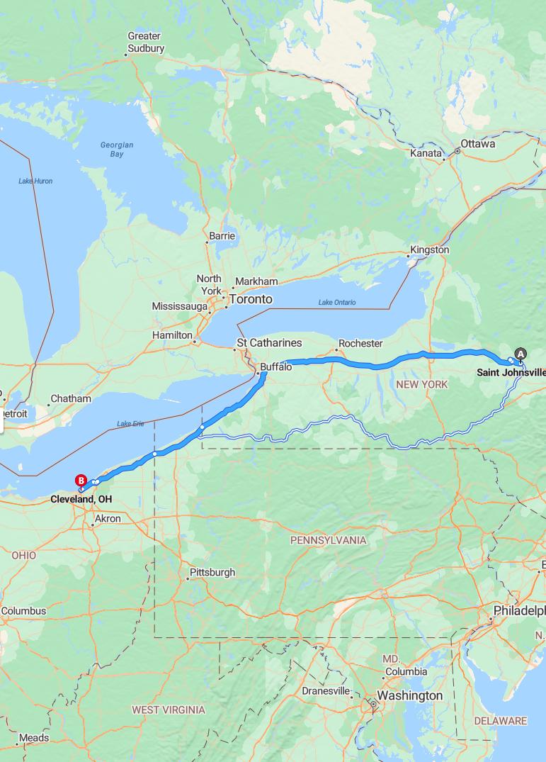driving from St. Johnsville, New York to ClevelandOhio - map and route