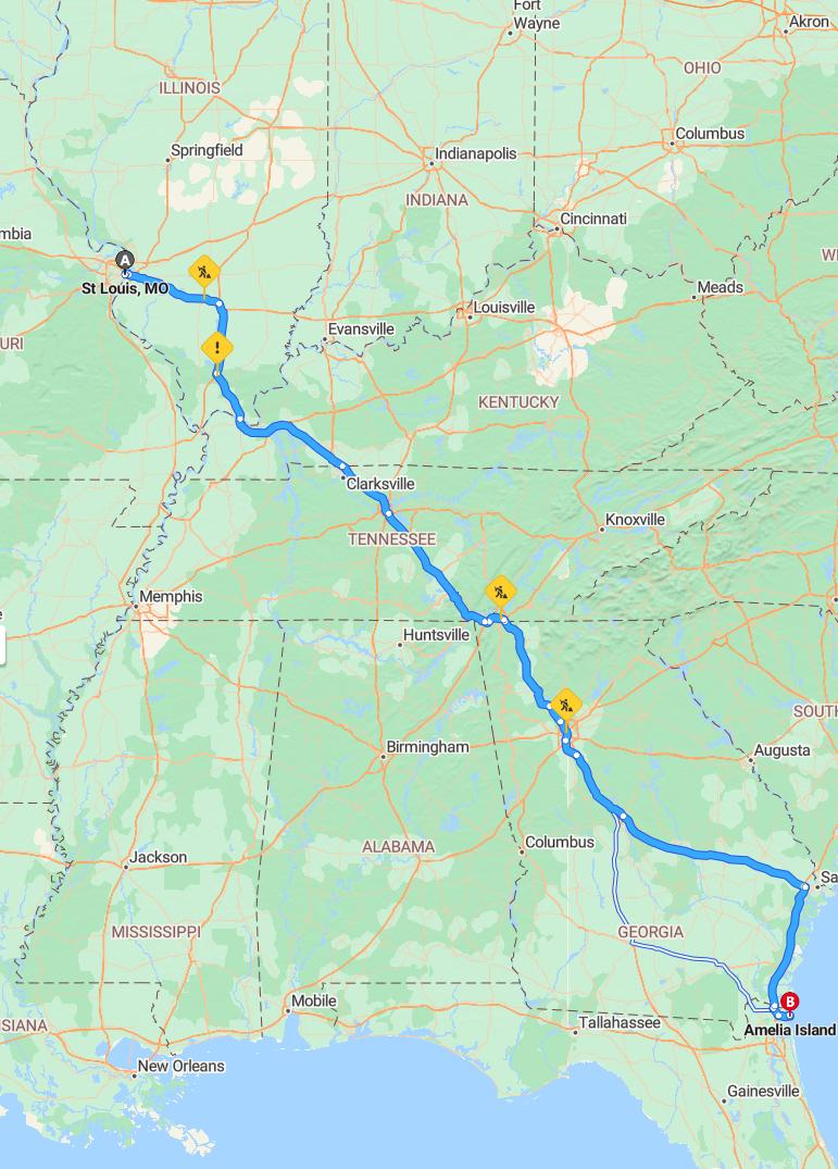 driving from St. Louis, Missouri to Amelia IslandFlorida - map and route