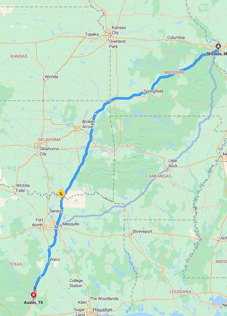 driving from St. Louis, Missouri to AustinTexas - map and route