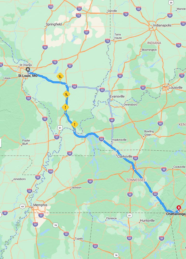 driving from St. Louis, Missouri to ChattanoogaTennessee - map and route