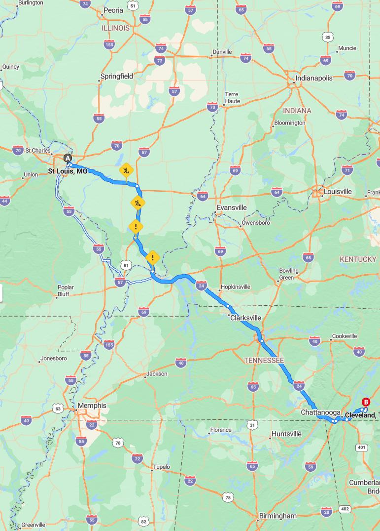 driving from St. Louis, Missouri to ClevelandTennessee - map and route