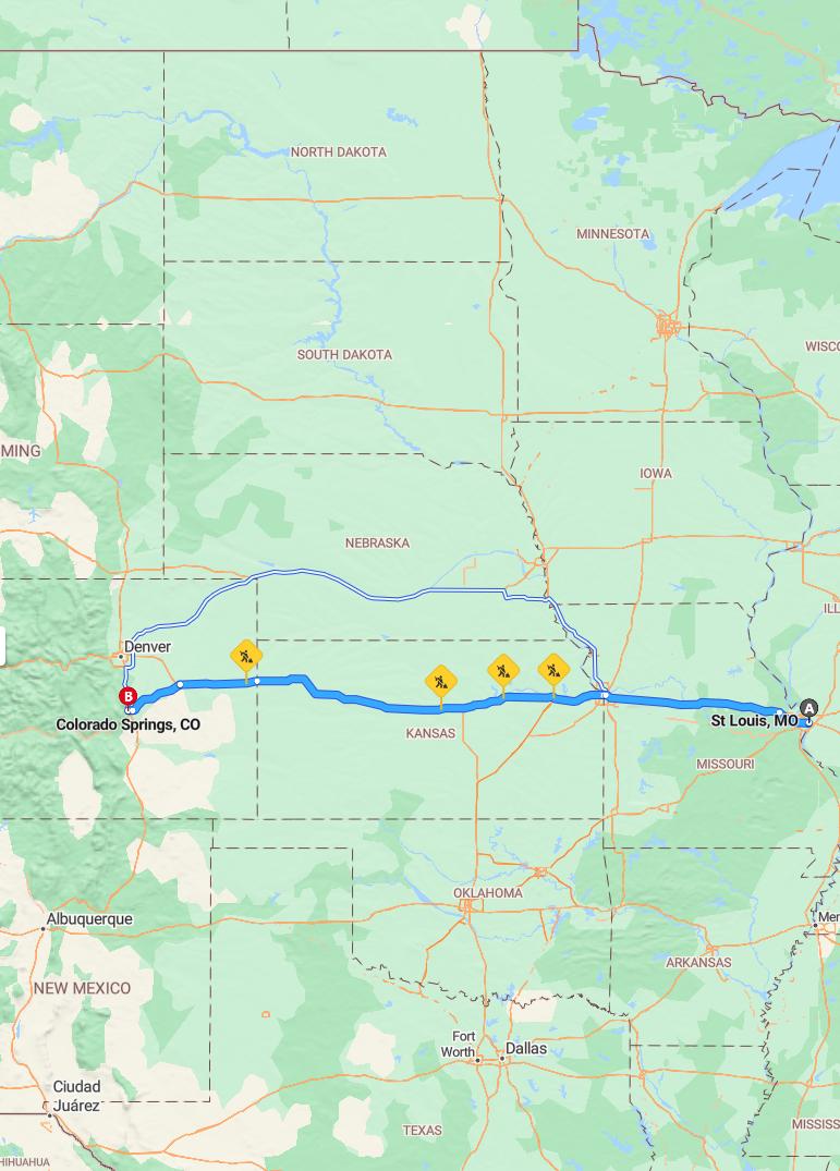 driving from St. Louis, Missouri to Colorado SpringsColorado - map and route