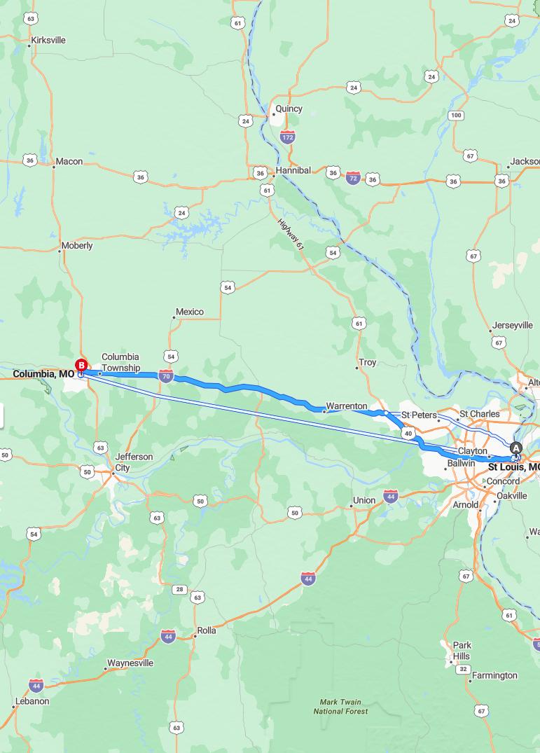driving from St. Louis, Missouri to ColumbiaMissouri - map and route