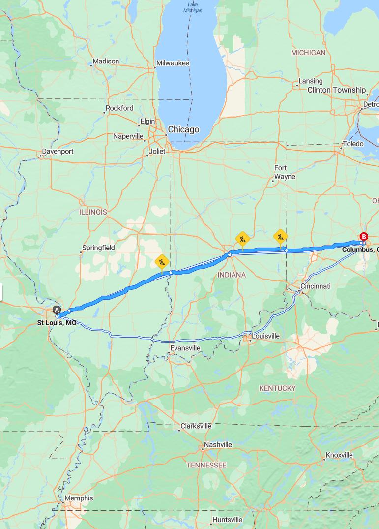 driving from St Louis, Missouri to ColumbusOhio - map and route