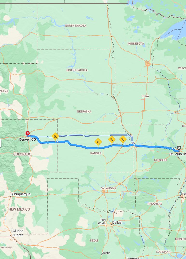 driving from St. Louis, Missouri to DenverColorado - map and route