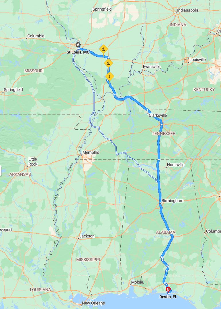 driving from St. Louis, Missouri to DestinFlorida - map and route
