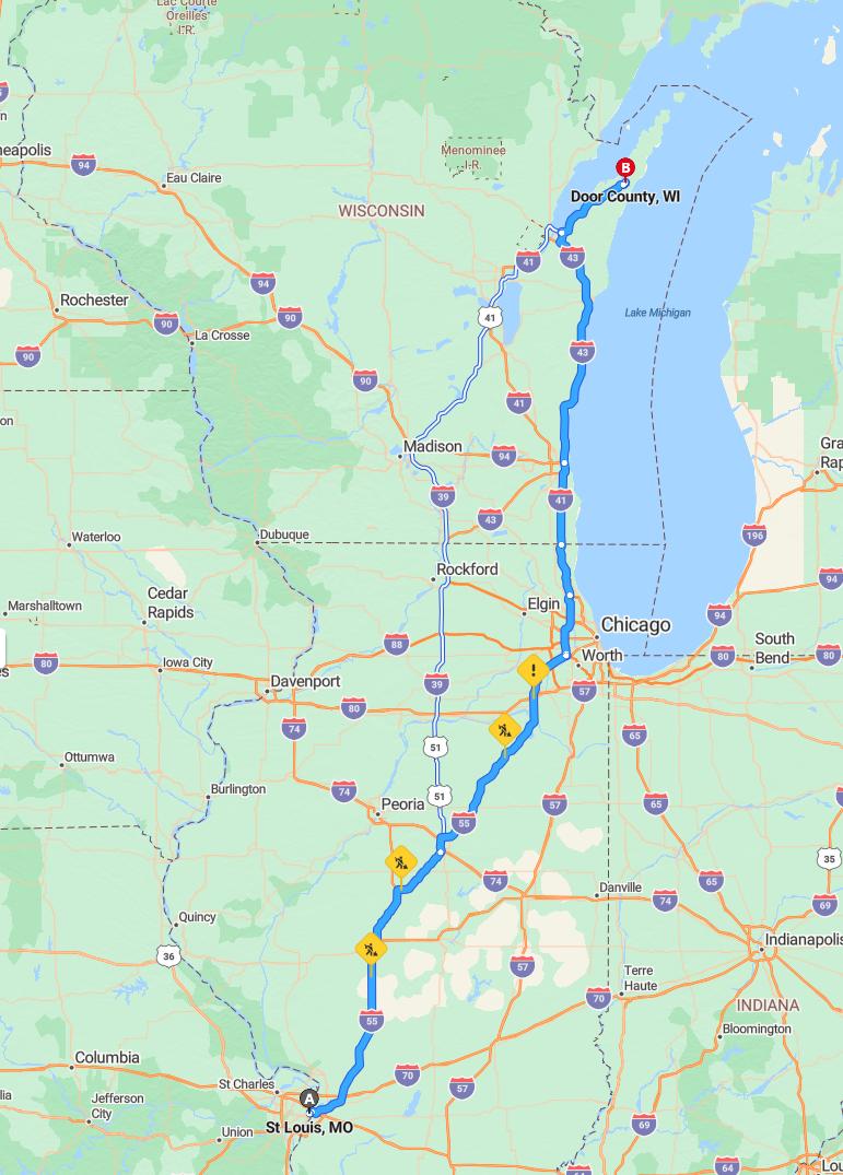 driving from St. Louis, Missouri to Door CountyWisconsin - map and route