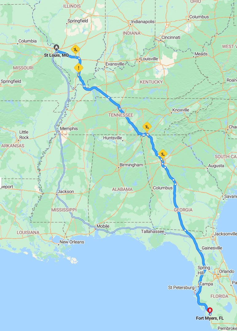 driving from St. Louis, Missouri to Fort MyersFlorida - map and route