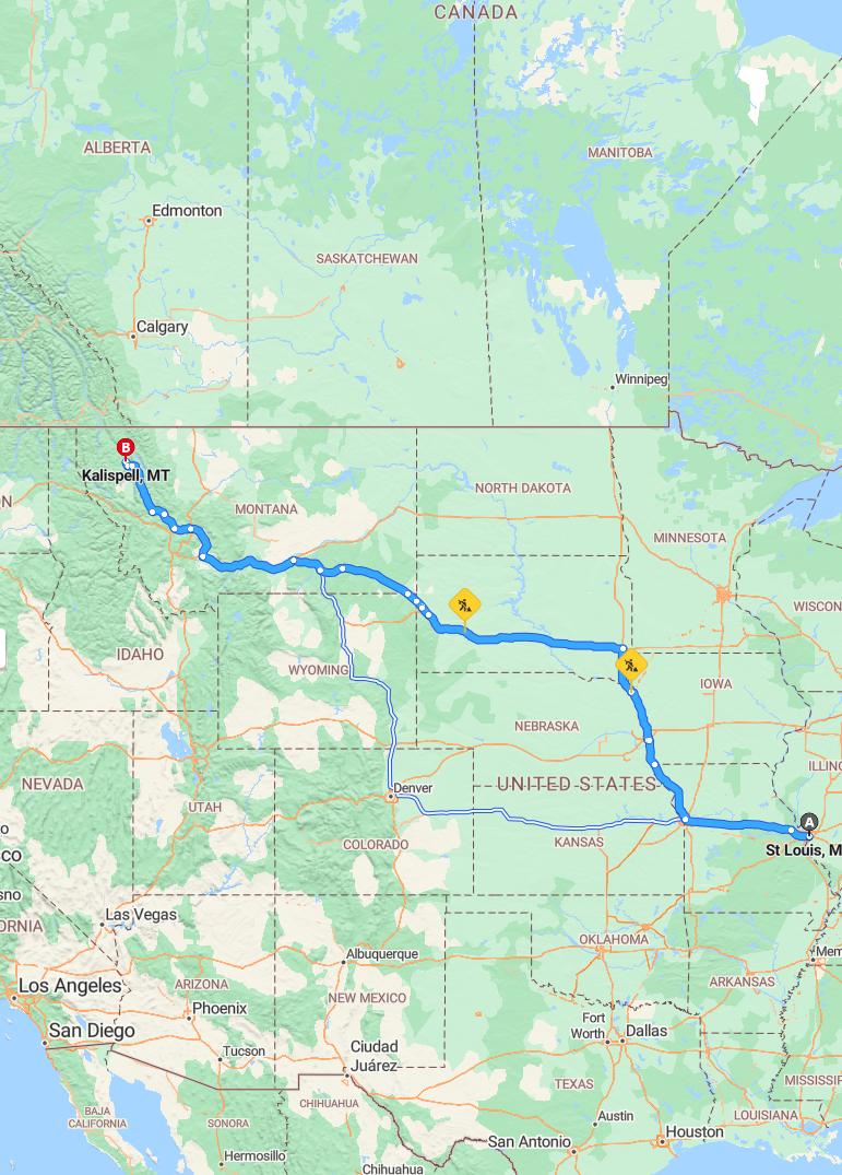 driving from St. Louis, Missouri to KalispellMontana - map and route