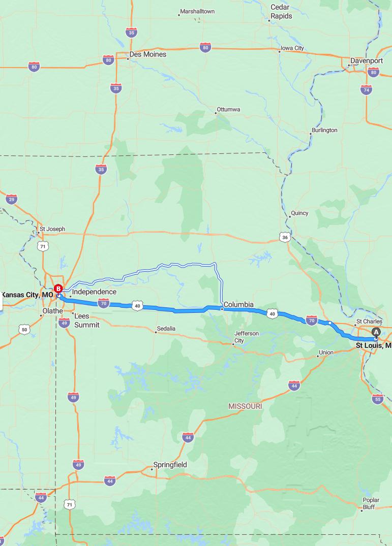 driving from St Louis, Missouri to Kansas CityMissouri - map and route