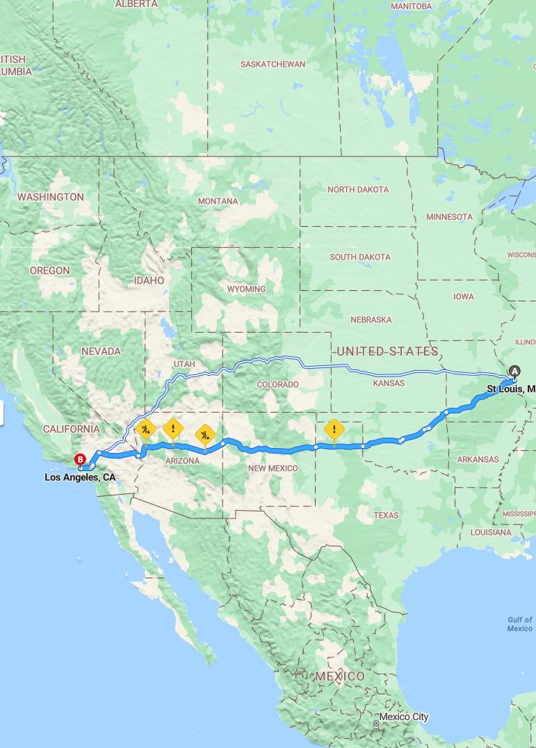 driving from St Louis, Missouri to Los AngelesCalifornia - map and route