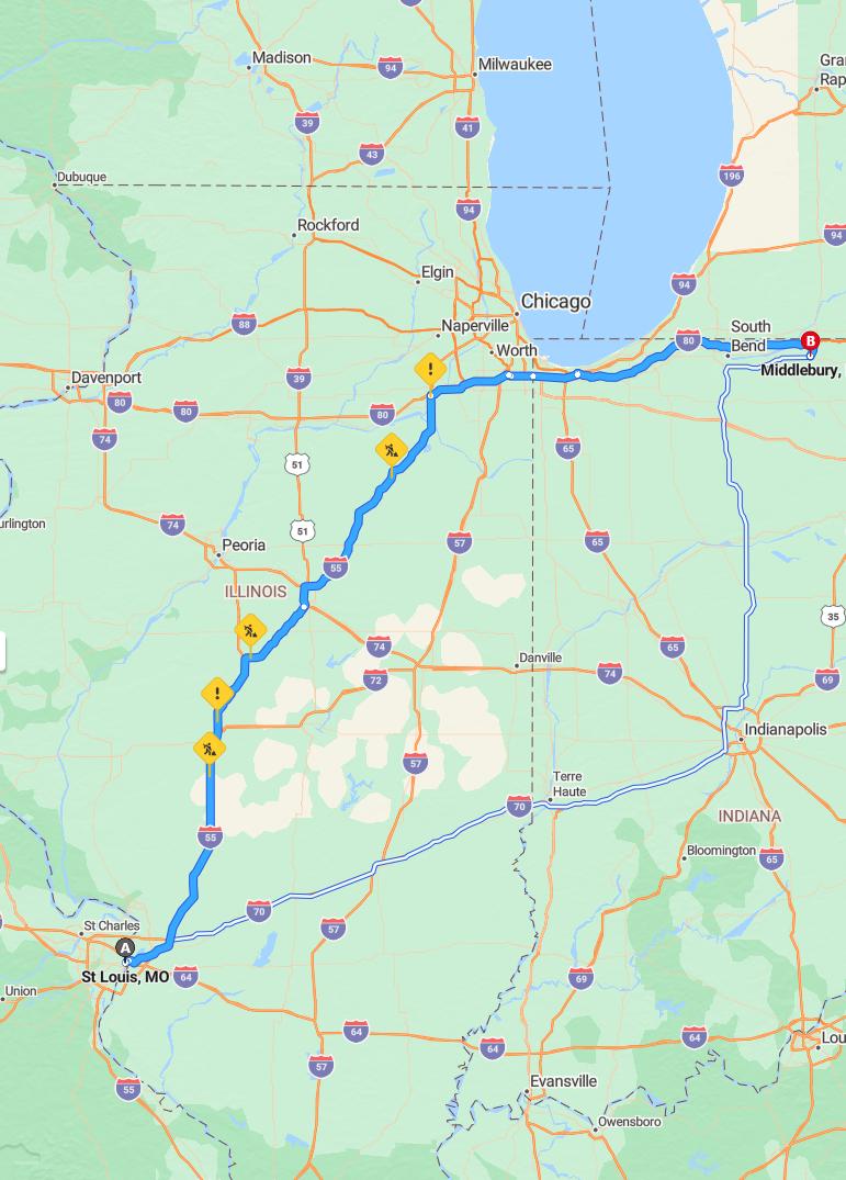 driving from St. Louis, Missouri to MiddleburyIndiana - map and route