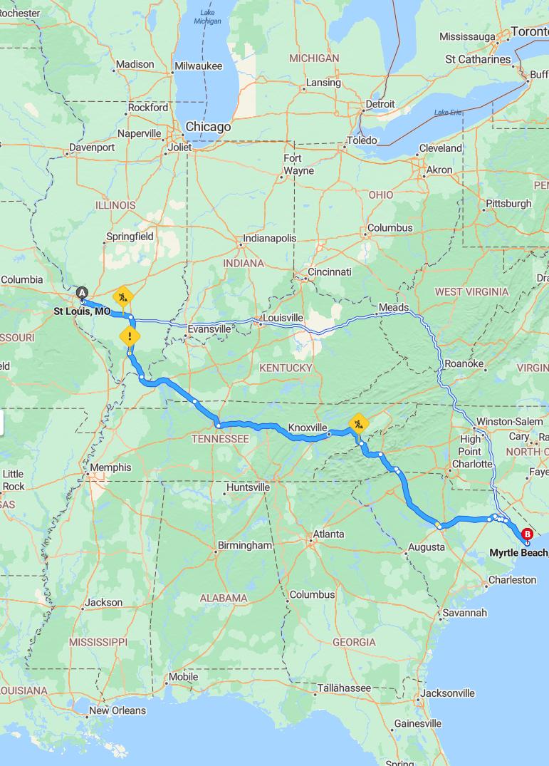 driving from St. Louis, Missouri to Myrtle BeachSouth Carolina - map and route