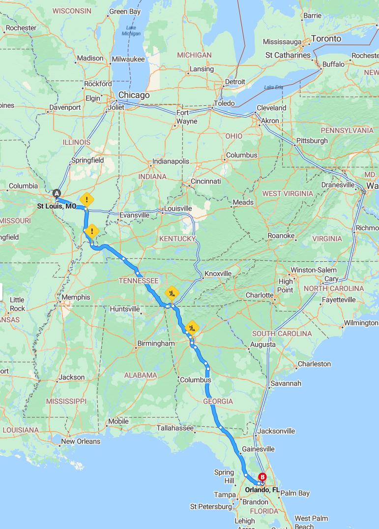 driving from St. Louis, Missouri to OrlandoFlorida - map and route