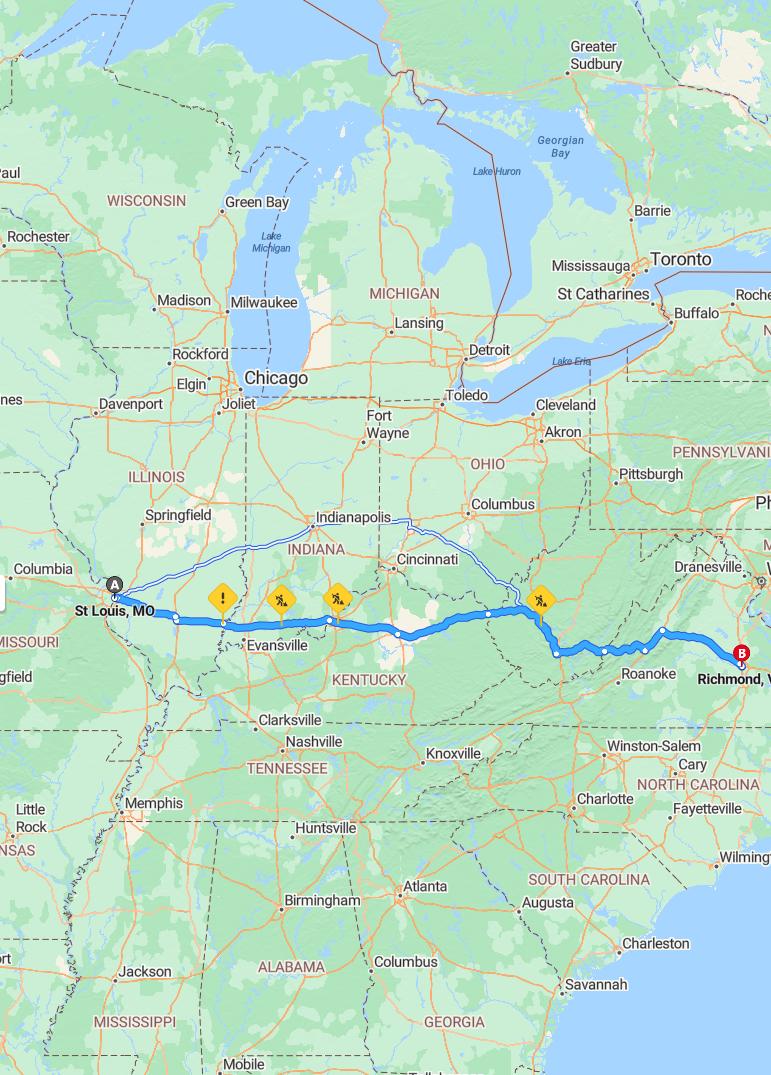 driving from St. Louis, Missouri to RichmondVirginia - map and route