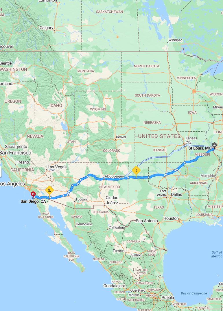 driving from St. Louis, Missouri to San DiegoCalifornia - map and route