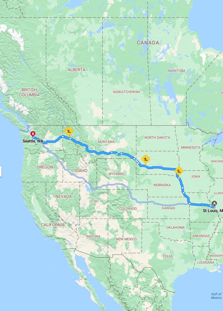 driving from St. Louis, Missouri to SeattleWashington - map and route